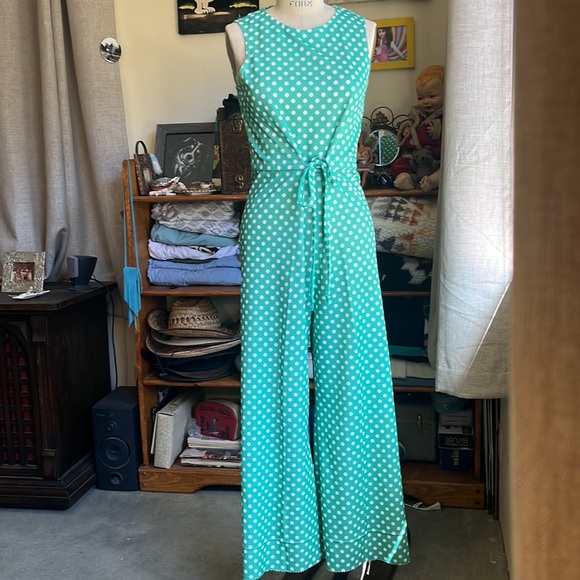 Vintage handmade polka dot polyester jumpsuit with matching shirt - Picture 3 of 16